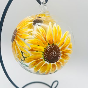 Hand Painted Tealight Holder / Sunflowers/ Hanging glass sphere with ornament stand image 9