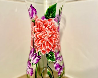 Hand Painted Vase /Dahlias and sweet peas/ Tulip Shape