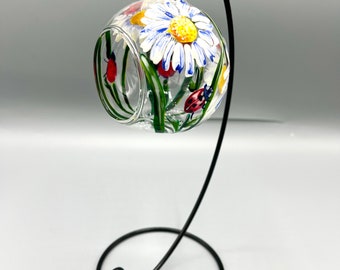 Hand Painted Tealight Holder / Meadow Daisies and Ladybird’s/ Hanging glass sphere with ornament stand