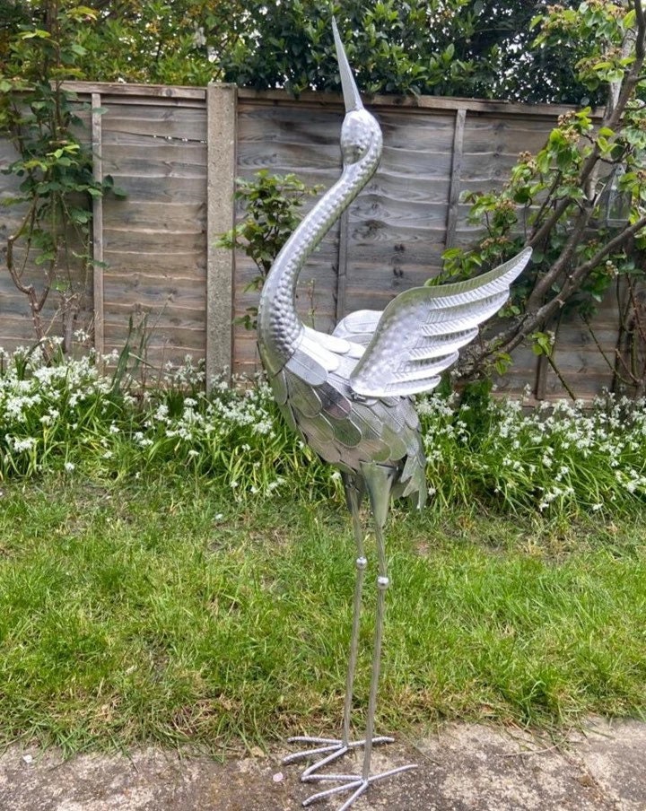 Silver Metal Crane Garden Sculpture 94cm Garden Statue Bird Etsy