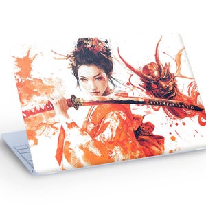 SAMURAI Woman LAPTOP SKIN Decal Sticker, Woman Warrior Macbook Skin, Red & Black Girl Samurai Oni Mask Laptop Skin Decal - Custom Size