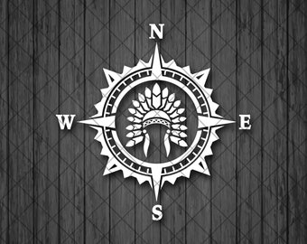 Indian Feather Headdress Compass Vinyl Decal Sticker, Compass Rose, Truck Decal, Laptop Stickers, Indian Symbol, Decals for off-road SUV's
