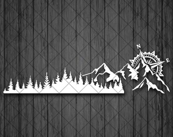 Treeline and Mountain With Compass SUV Vinyl Decal Sticker, Mountain and Treeline 4x4 Off Road Vinyl Decal Sticker, Forest 4x4 Vehicle