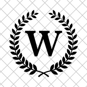 Op de afbeelding: Zwart-witte afbeelding van de letter W omringd door een krans van bladeren.