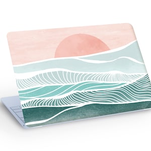 Abstract SEA en Sun Line Art LAPTOP SKIN Decal Sticker, Ocean Sunrise Line Art Laptop Skin Decal, Sunshine Ocean Laptop skin - Aangepast formaat