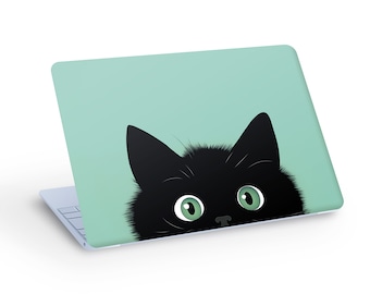 Black CAT Peeks Out LAPTOP SKIN Decal Sticker, Cute Black Cat Laptop Skin Decal - Custom Size