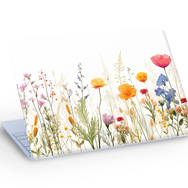 Natural Wild Flowers Laptop Skin, Macbook Skin, Natural Wild Flowers on White Background Laptop Skin Decal Sticker  - Custom Size