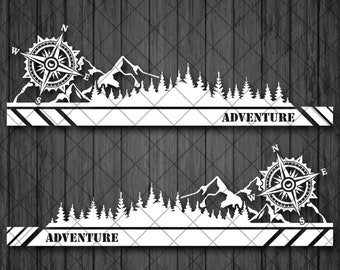 Treeline and Mountain With Compass SUV Vinyl Decal Sticker, Treeline 4x4 Off Road Vinyl Decal Sticker, Forest 4x4 Vehicle Set, Pair Decals