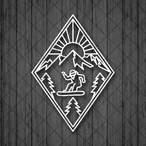 SUN SNOWBOARD MOUNTAIN Line Drawing Vinyl Decal Sticker, Snowboard Car Decal, Snowboard Truck Sticker, Water Bottle Decal, Laptop Decal