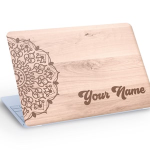 Aangepaste naam MANDALA LAPTOP SKIN sticker, Mandala bloem aangepaste tekst houten laptop huid sticker - aangepast formaat