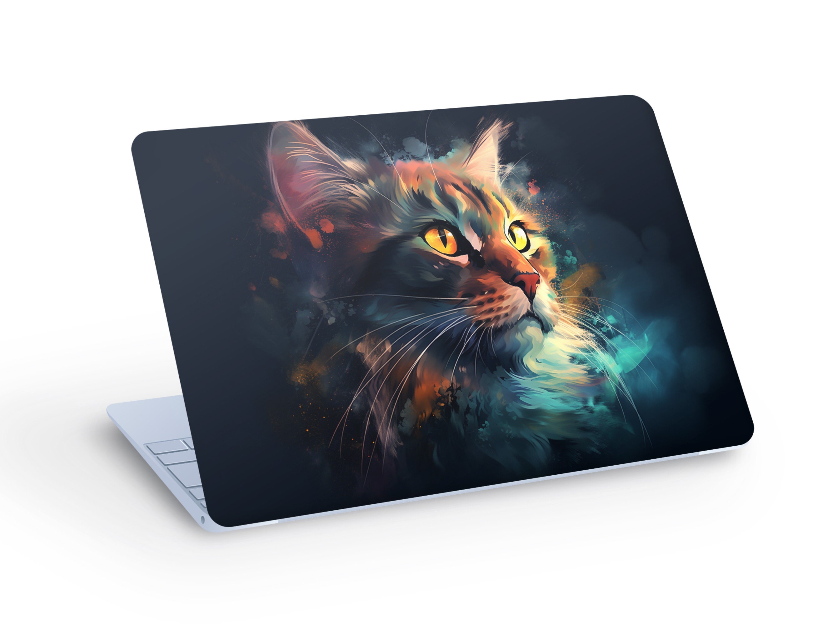 Colorful CAT LAPTOP SKIN Decal Sticker, Cute Cat on Black Background ...