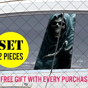 May include: A set of two car window decals featuring a grim reaper design. The reaper is depicted with a skull face and a dark hooded cloak, reaching out. The text "SET 2 PIECES" is in a yellow circle.