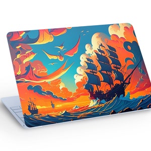 May include: A digital illustration of a ship sailing on a colourful ocean with a sunset sky. The ship has black sails and is surrounded by swirling clouds. The sky is a mix of orange, yellow, and blue.