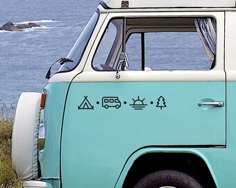 Adventure Icons Camper Van Decal, Minimalist Mountain Forest Sunset Decal