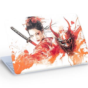 Naklejka na laptopa SAMURAI Girl LAPTOP SKIN, Woman Warrior Macbook Skin, czerwono-czarna kobieta Samurai Oni Mask Naklejka na laptopa - niestandardowy rozmiar