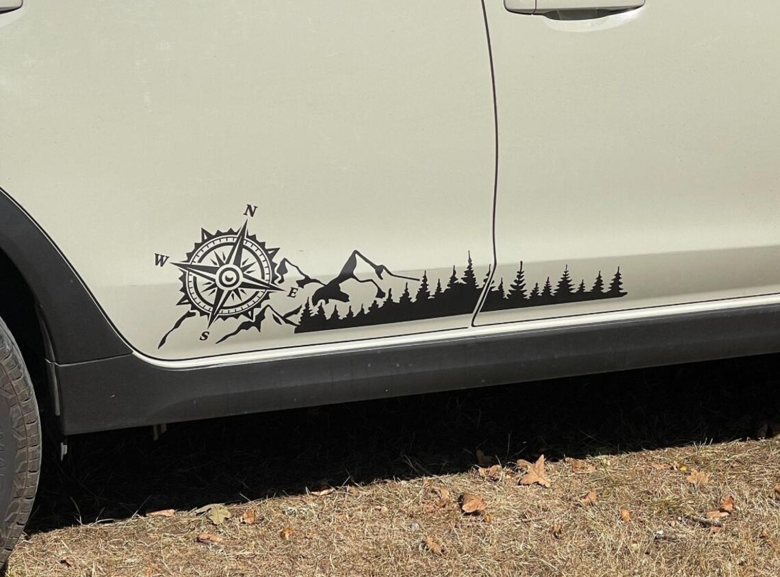 Treeline and Mountain With Compass SUV Vinyl Decal Sticker, Mountain ...