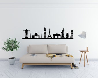 WORLD LANDMARKS SKYLINE pegatina de calcomanía de pared, calcomanía de pared de vinilo cortado, pegatina de decoración de pared de lugares emblemáticos de World City Country, decoración de arte para el hogar