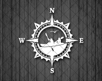 May include: A white compass with a black outline and a silhouette of two people in a kayak inside the compass. The compass points north, south, east, and west.