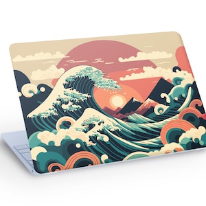 JAPANESE Art Ocean Wave & Sun LAPTOP SKIN Decal Sticker, Big Ocean Wave and Sun Laptop Skin Decal - Custom Size