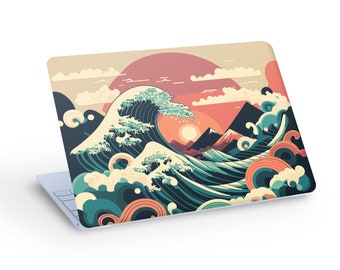 Autocollant japonais Art Ocean Wave & Sun LAPTOP SKIN, Big Ocean Wave et Sun Laptop Skin Decal - Taille personnalisée