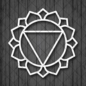 May include: A white outline of a geometric symbol with a triangle inside a circle. The symbol is surrounded by a circle of petals.