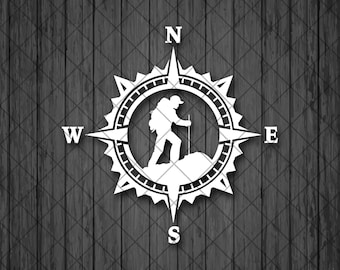 Hiker Vinyl Decal Sticker, Compass Rose, Mountain Decal, Decals For Yeti, Laptop Stickers, Top Quality Decal For Offroad Vehicles