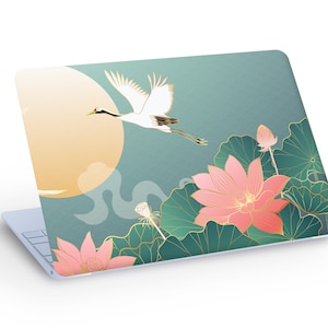 Adesivo decalcomania della pelle del laptop CRANE Bird, decalcomania della pelle del laptop con uccelli gru e fiori di loto - dimensioni personalizzate