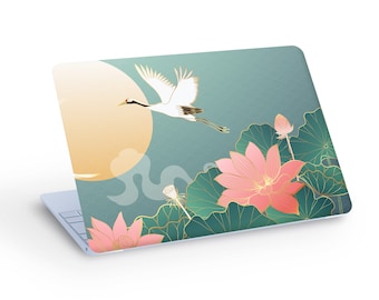 CRANE Bird LAPTOP SKIN Decal Sticker, Crane Birds and Lotus Flowers Laptop Skin Decal - Custom Size