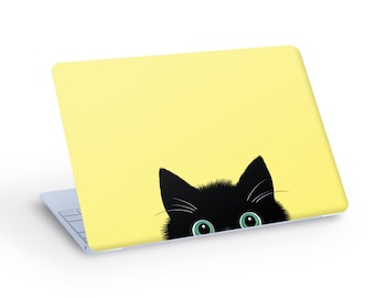 Cute Black CAT Peeks Out LAPTOP SKIN Decal Sticker, Black Cat Unique Design Laptop Skin Decal - Custom Size
