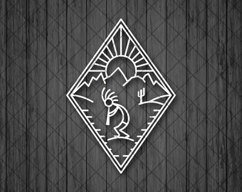 May include: A black and white line art illustration of a Native American dancer in a diamond-shaped frame. The dancer is in a traditional pose with a headdress and feathers. The background features a stylized sun, mountains, and a cactus.
