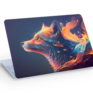 Sticker autocollant PEAU D'ORDINATEUR PORTABLE RENARD, Sticker renard coloré sur fond noir pour ordinateur portable - dimension personnalisée