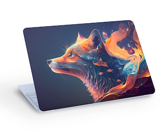 FOX LAPTOP SKIN Decal Sticker, Colorful Fox On Black Background Laptop Skin Decal - Custom Size