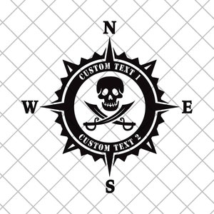 Pirate Skull Compass CUSTOM TEXT Vinyl Decal Sticker, Compass Rose,Ship Captain Decal,Truck Decal, Laptop Sticker, Pirate Skull Compass text