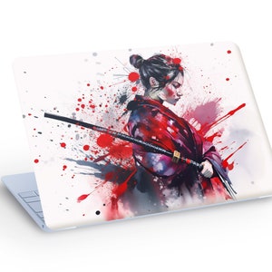Beautiful Woman Warrior LAPTOP SKIN Decal Sticker, SAMURAI Woman Macbook Skin, Red and Black Samurai Laptop Skin Decal - Custom Size