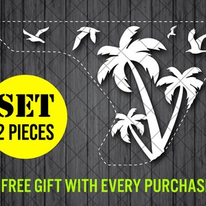Palm Trees And Flying Seagulls Fender Vent Vinyl Decal Sticker, JL / JLU / JT Fender Vent Decal Set, Pair Decals (Inverted Version)