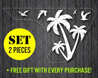 Palmen und fliegende Möwen Fender Vent Vinyl Aufkleber, JL / JLU / JT Fender Vent Aufkleber Set, Paar Abziehbilder (invertierte Version)
