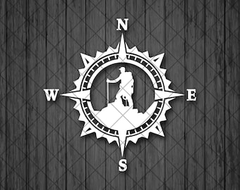 Hiker Vinyl Decal Sticker, Compass Rose, Decal For 4x4 Cars, Mountain Decal, Laptop Stickers, Top Quality Decal For Offroad Vehicles