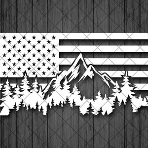 May include: A white graphic design depicting the American flag, incorporating a mountain range and forest silhouette. The design includes stars, stripes, and detailed mountain and tree outlines, suitable for various applications.