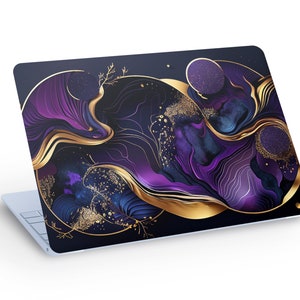 Donkerblauw paars en goud sticker sticker LAPTOP SKIN, paars en goud Liquide Marble laptop skin sticker - aangepast formaat