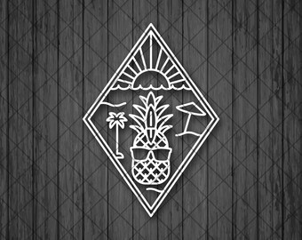 SUN PINEAPPLE BEACH Line Drawing Vinyl Decal Sticker, Beach Car Decal, Beach Truck Sticker, Water Bottle Decal, Laptop Decal, Surfing Decal