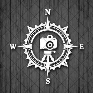 May include: A white compass with a camera on a tripod in the center. The compass points north, south, east, and west.