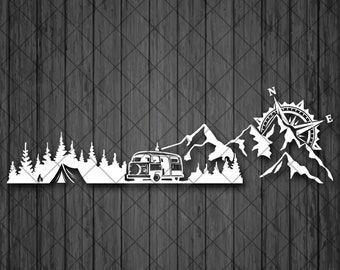 Treeline and Mountain COMPASS CAMPING Van Vinyl Decal Sticker, Camping Mountain and Treeline 4x4 Off Road Vinyl Decal Sticker, Caravan 4x4