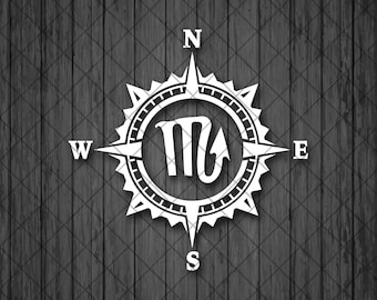 May include: A white compass with a black background and a black and white zodiac symbol for Scorpio in the centre. The compass points are labelled N, S, E, and W.