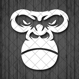 May include: A white silhouette of a gorilla's face with a fierce expression. The gorilla's eyes are narrowed, and its mouth is slightly open, showing its teeth. The gorilla's fur is represented by a series of lines.