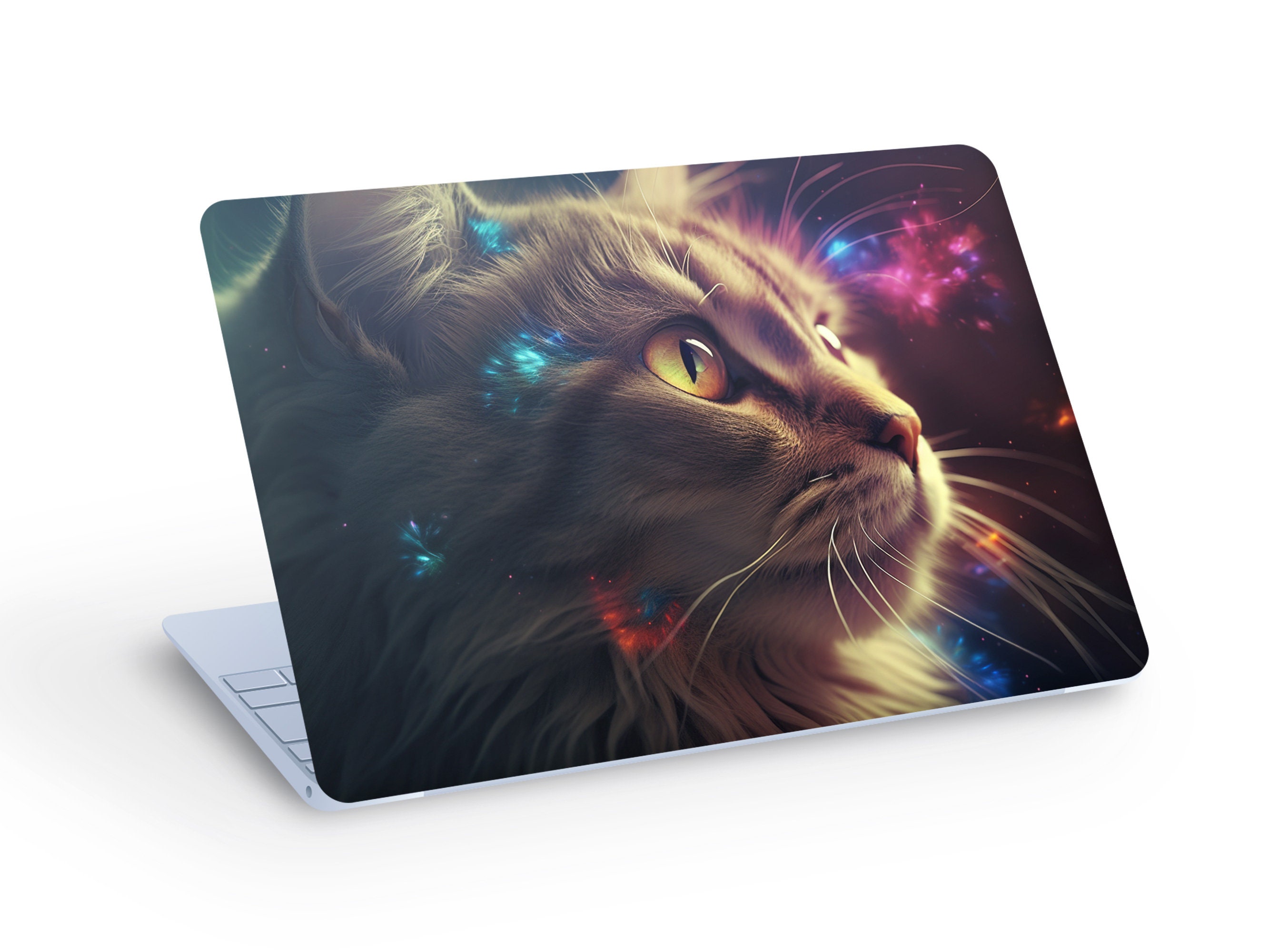 CAT LAPTOP SKIN Decal Sticker, Colorful Cute Cat on Black Background ...
