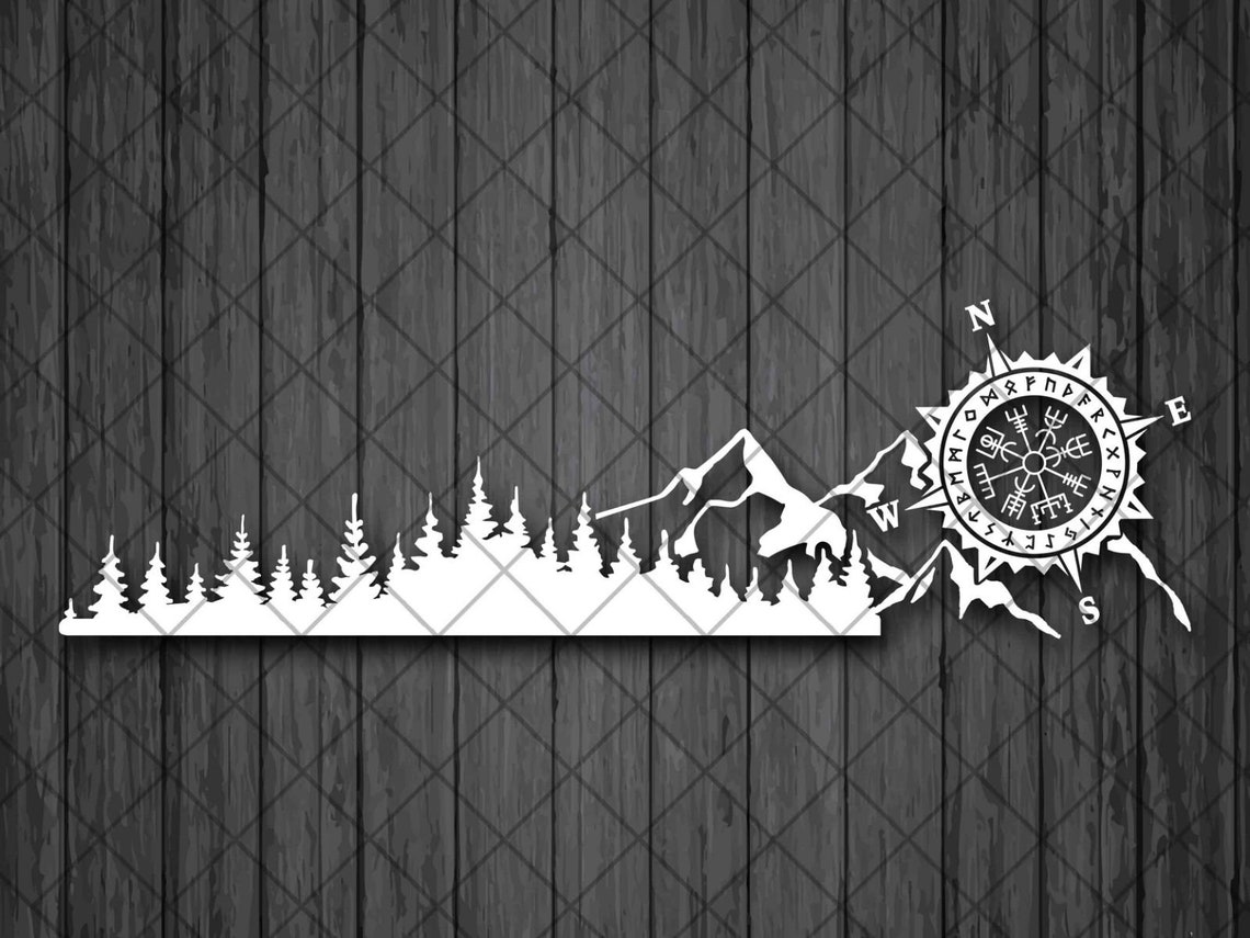 Treeline and Mountain With Vegvisir Rune Compass SUV Vinyl Decal ...