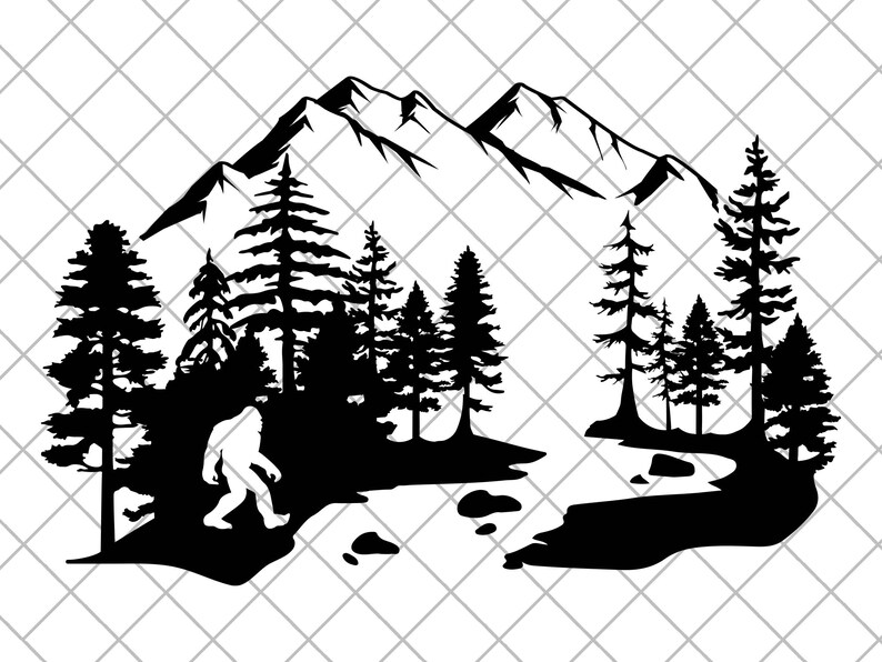 K&ouml;nnte beinhalten: Ein schwarzes Silhouetten-Grafikdesign, das eine gro&szlig;e Bigfoot-Kreatur zeigt, die durch einen dichten Kiefernwald l&auml;uft. Im Hintergrund befinden sich hohe, zerkl&uuml;ftete Berggipfel. Ein gewundener Fluss flie&szlig;t durch die Landschaft mit kleinen Felsen.