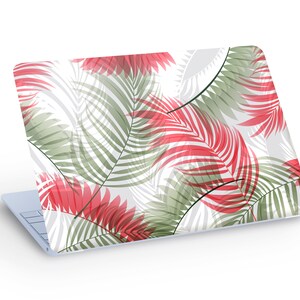 Sticker autocollant Peau d'ordinateur portable feuilles tropicales colorées, sticker pour ordinateur portable plantes de la jungle rouges et vertes - dimension personnalisée