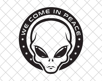 ALIEN We Come In Peace Adesivo de vinil, decalque de carro OVNI, adesivo de caminhão OVNI, decalque extraterrestre, decalque de laptop alienígena, decalque de carro alienígena