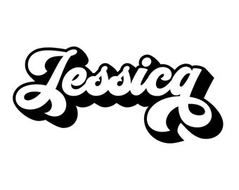 Könnte beinhalten: Eine Schwarzweißillustration des Namens "Jessicq" in einer retro-stilisierten Schriftart.